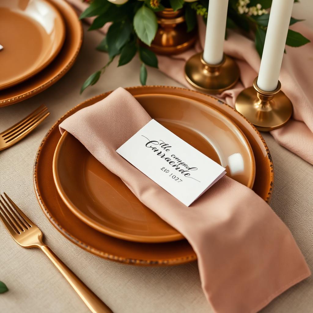 Luxury wedding tablescape with calligraphed place card in terracotta tones