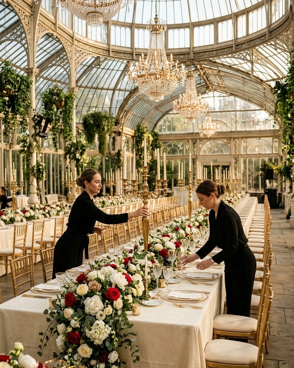 Designers styling a grand banquet table with candelabras and lush floral runner inside a glass conservatory