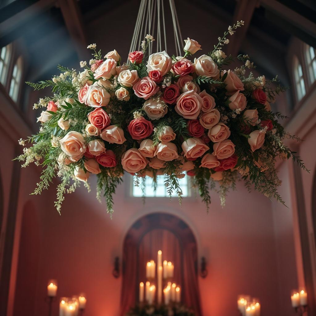 Suspended floral installation above a candlelit wedding reception hall