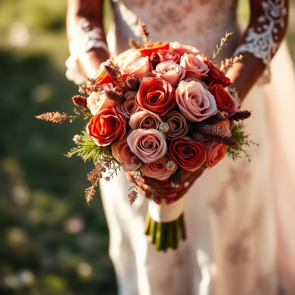 Bride with dusty rose and terracotta bouquet at a destination wedding in Udaipur