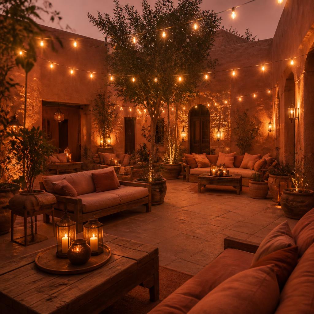 Destination wedding courtyard with warm festoon lighting at dusk