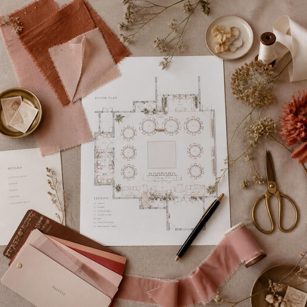 Luxury event planner's desk with floor plan, fabric swatches and ribbon samples