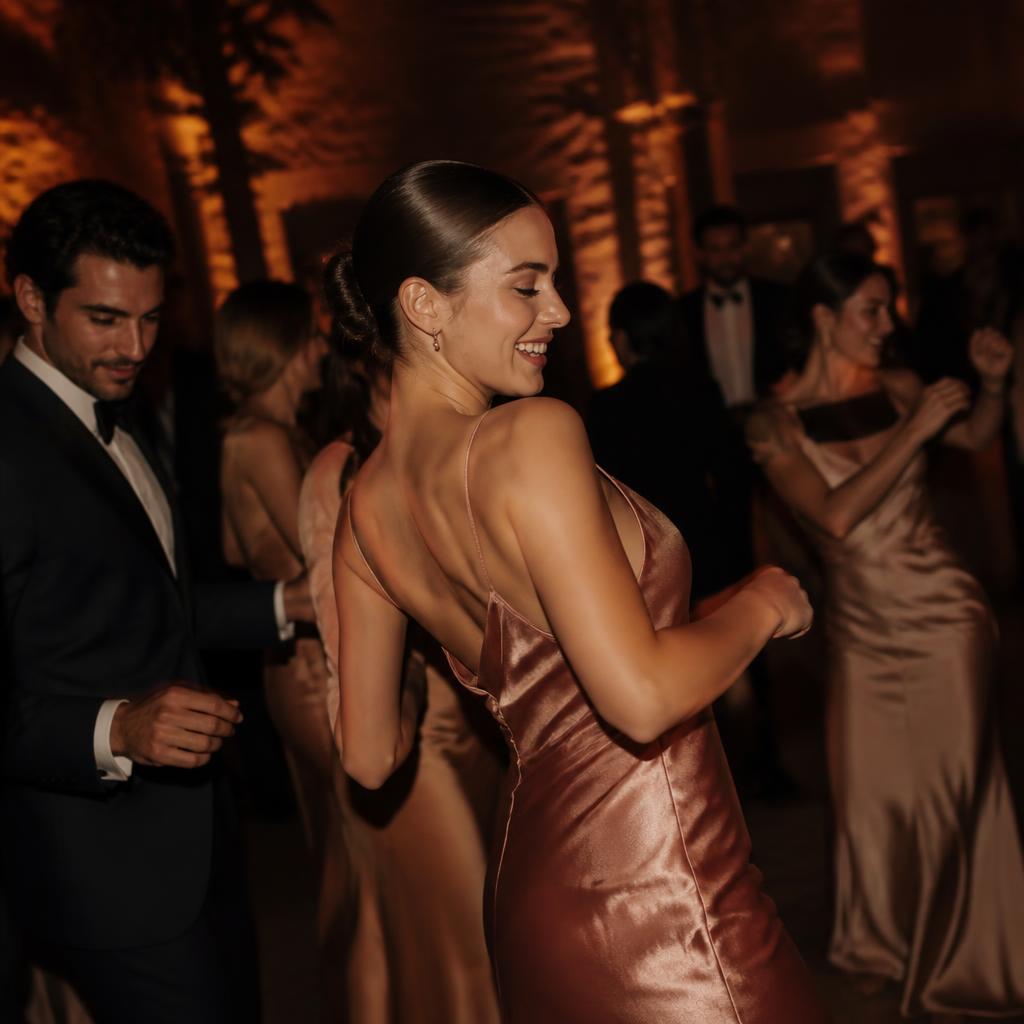 Wedding guests celebrating on a warmly lit dance floor