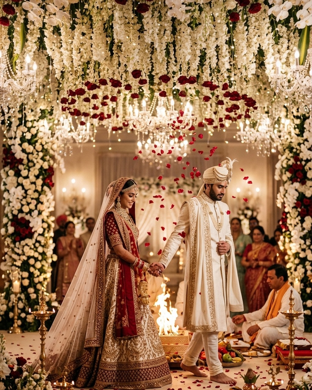 Couple beneath a lavish canopy of white blooms and rose petals during sacred ceremony