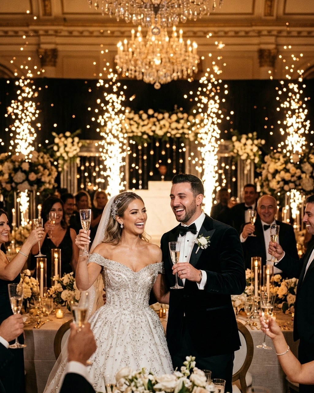 Bride and groom raising champagne flutes amidst celebratory indoor pyrotechnics and crystal chandeliers
