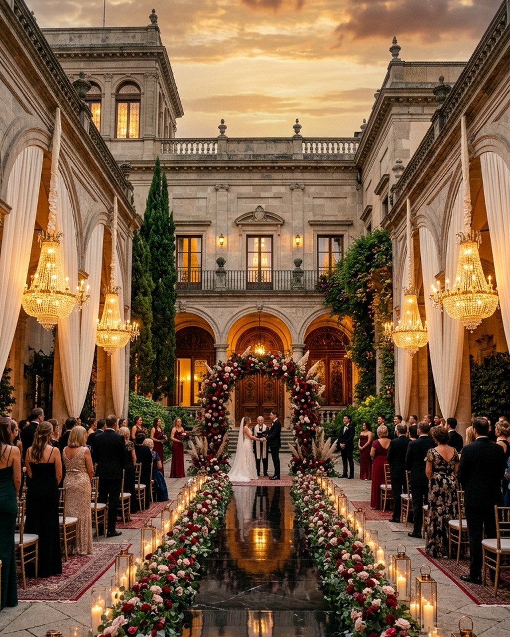 Architectural heritage courtyard framed by chandeliers, candlelit floral aisle and reflecting runway