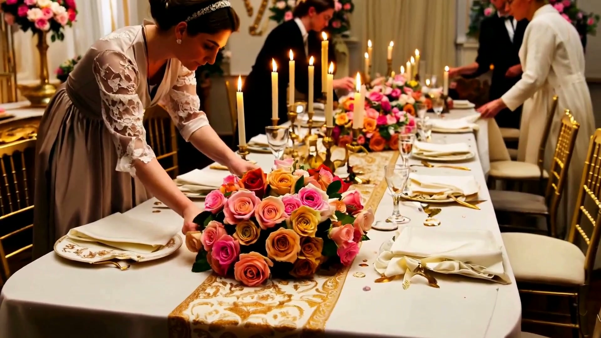 Luxury destination wedding reception with candlelit banquet table at golden hour, by AroonaEvents India