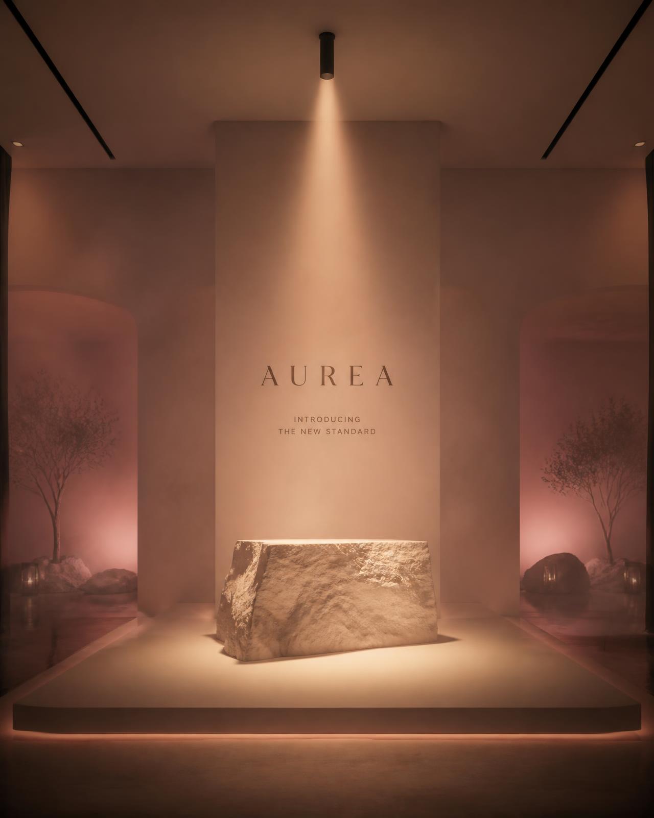 Luxury product launch stage with sandstone set design and warm spotlight