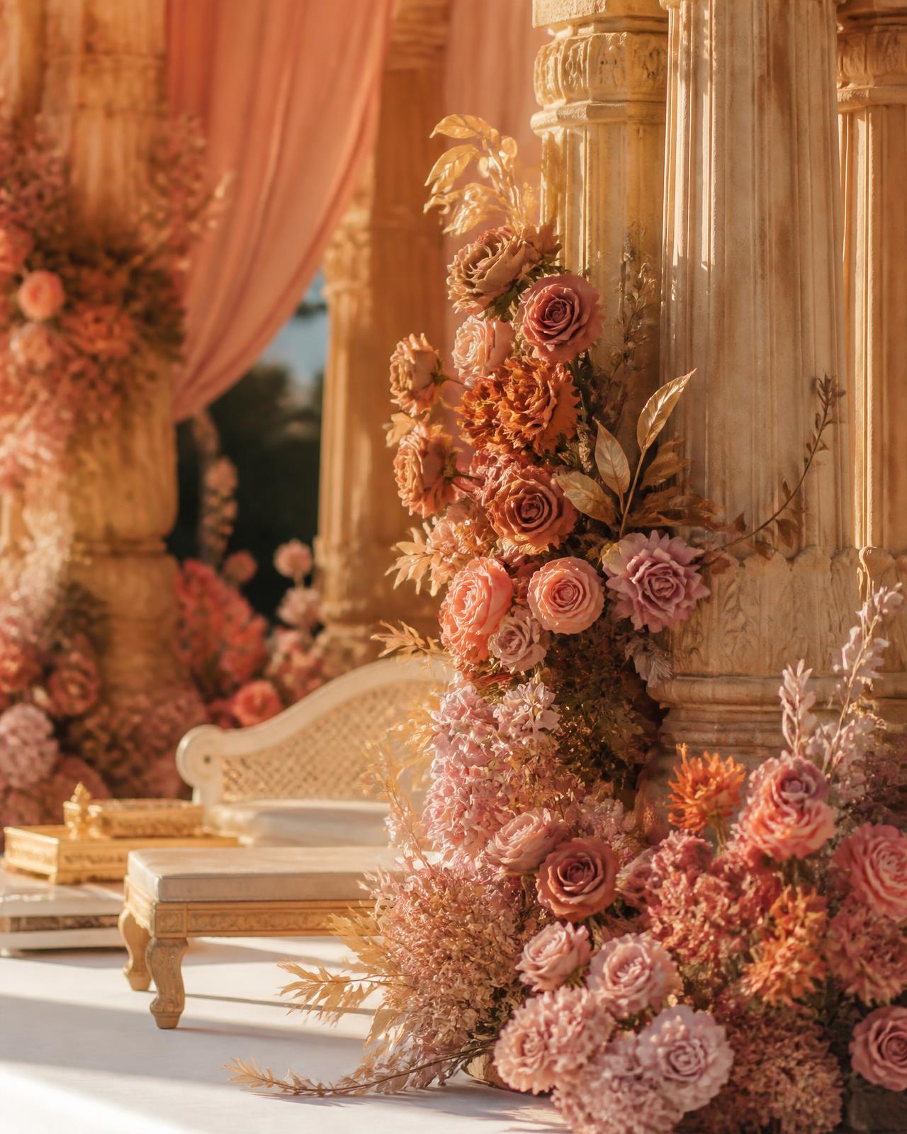 Luxury destination wedding mandap with floral detail in clay and blush tones
